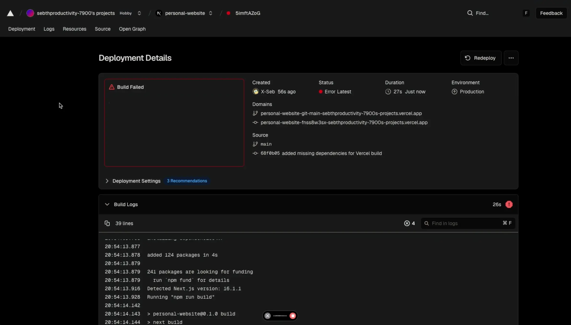 A failed Vercel build log